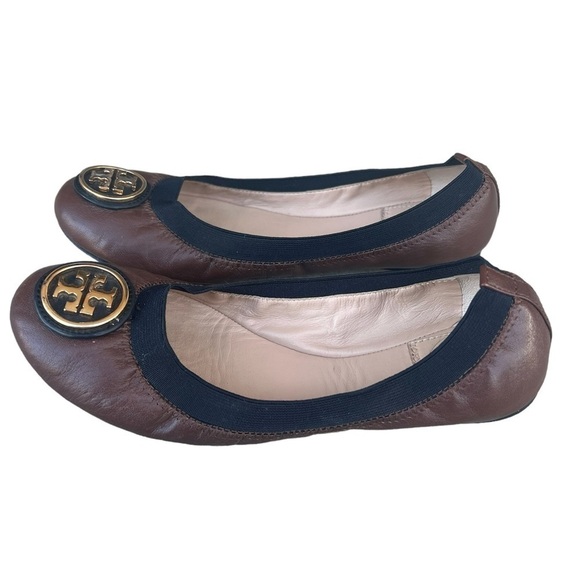 Tory Burch Caroline black and brown leather logo ballet flat shoes size 6.5 - Picture 6 of 14